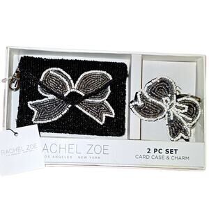 Rachel Zoe Black Silver Bow Beaded Card Case and Bag Charm 2 PC Gift Set
